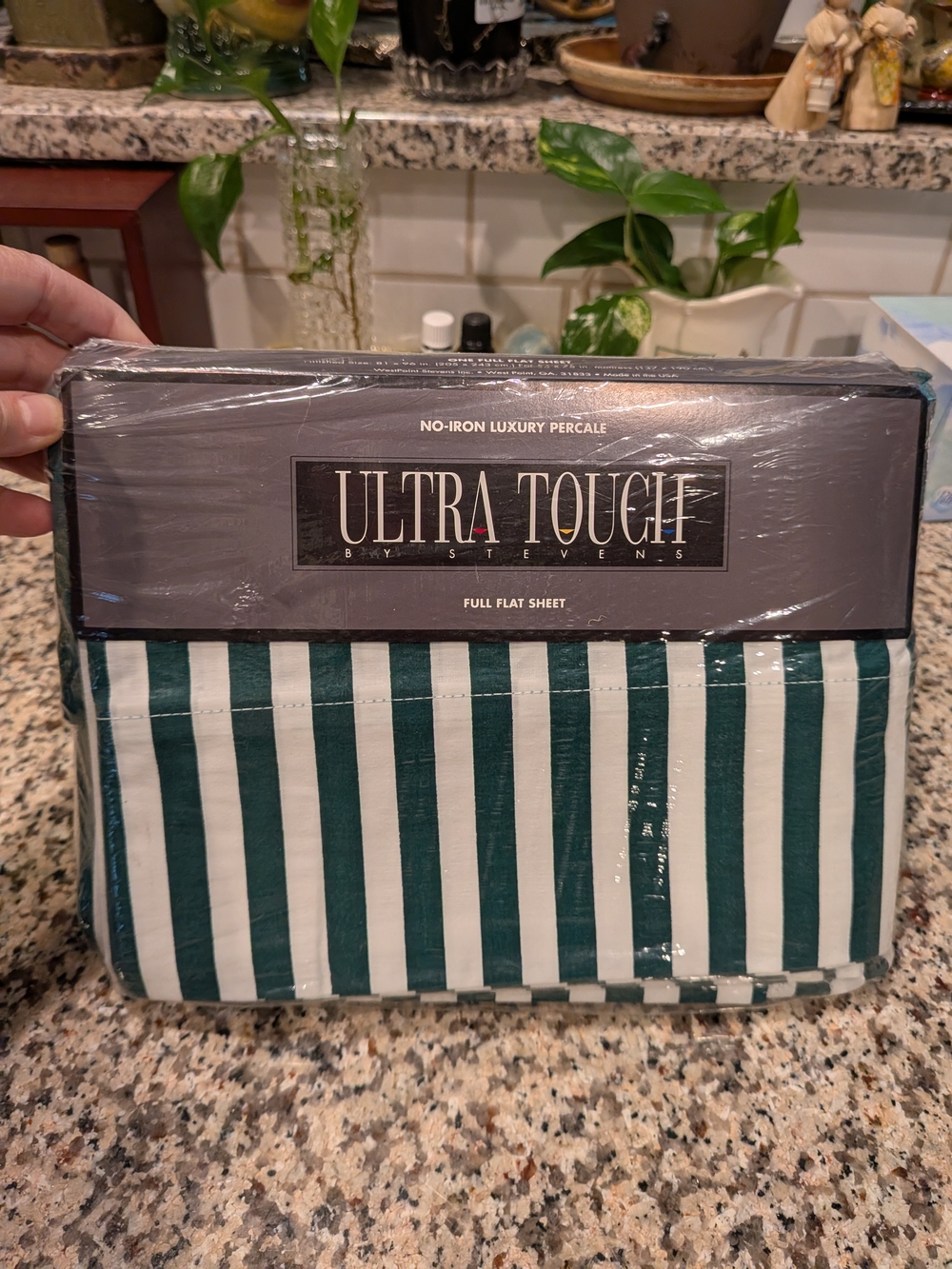 Ultra Touch/Stevens NOS Stripe Bedding in Hunter Green and White Full Flat Sheet